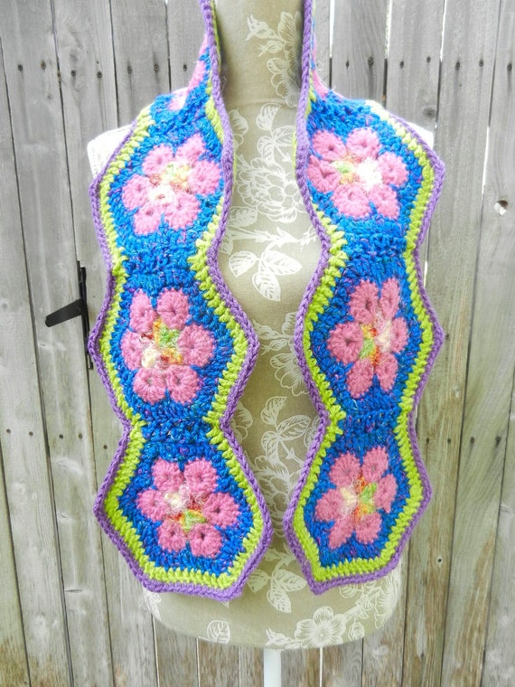 Pink Flower Crocheted Scarf, Flower Crocheted Scarf, Pink and Blue Scarves, Blue Scarves, Pink Scarves, Scarves, Green Scarves