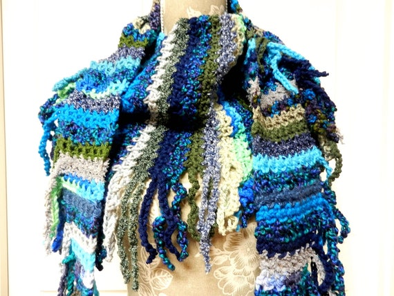 Crocheted Scarf in Blue Purple Green and Grey Boho Style with Fringe