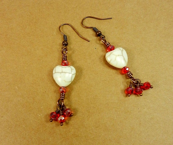 Handmade Copper Wire Wrapped Red Crystal and White Turquoise Heart Dangle Earrings