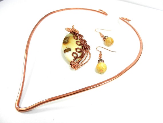 Bare Copper Wire Wrapped Marquise Shaped Coffee Bean Jasper Gemstone with Matching Crazy Lace Agate Earrings Earrings