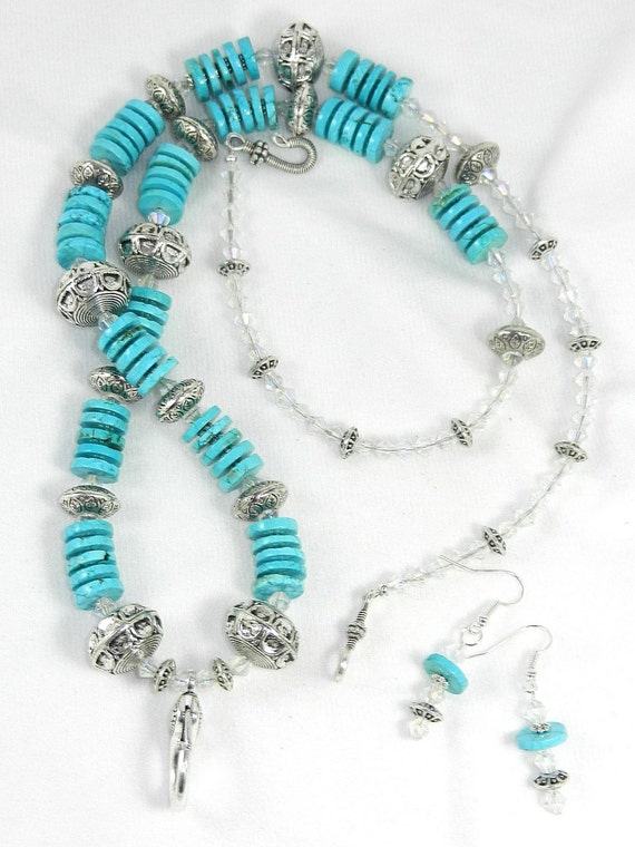 Heishi Turquoise Badge Lanyard, Heishi Turquoise Necklace, Turquoise Badge Lanyard and Earrings, Gemstone Earrings, Turquoise Earrings