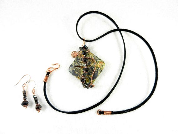 Green Square Jasper Copper Wire Wrapped Gemstone Pendant with Suede Necklace and Earrings