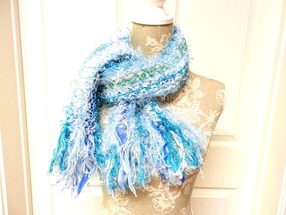 Turquoise Blue Fluffy Crocheted Winter Scarf with Eyelash Yarn
