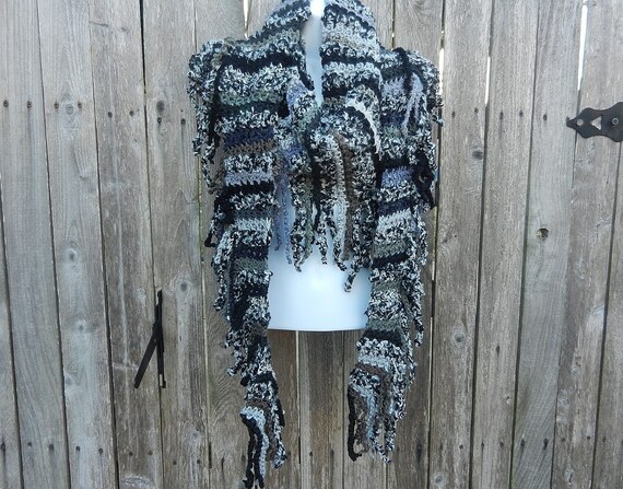 Black Grey Brown and White Boho Crocheted Shawl Scarf with Knotted Fringe