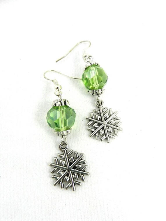 Green Crystal Earrings with a Silver Snowflake Charm, Snowflake Earrings, Silver Snowflake earrings, Christmas Earrings, Christmas Jewelry