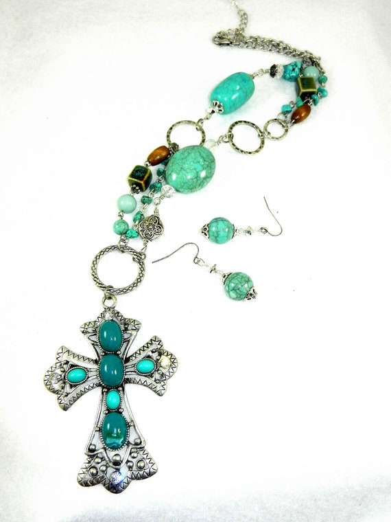 Silver Crystal and Turquoise Cross Necklace, Silver and Turquoise Necklace.  Faux Turquoise Necklace, Cross Necklaces and Earrings, Jewelry