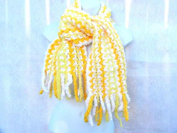 Fluffy Long Hand Crocheted  Winter Scarf  in the Colors of  Yellow and White  with Hand Knotted Fringe