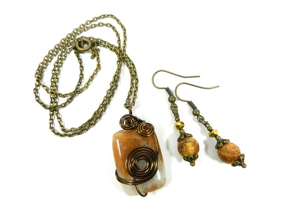 Brown and Cream Agate Gemstone Wire Wrapped with Bronze Wire with Matching Jasper Earrings