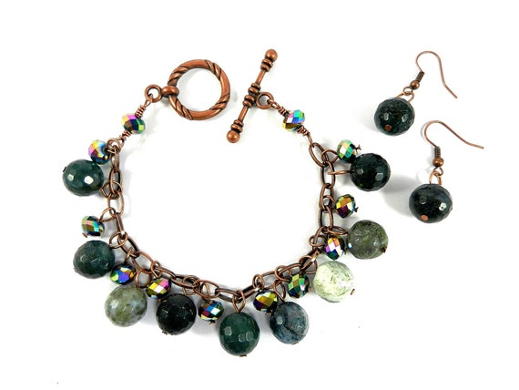 Moss Green Agate Bracelet on Copper Chain with Crystals and Matching Earrings