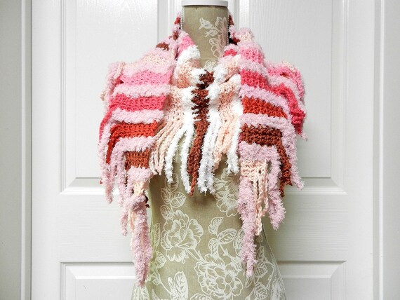 Fluffy Pink Cream Rust Dark Red Fringed Shawl Scarf