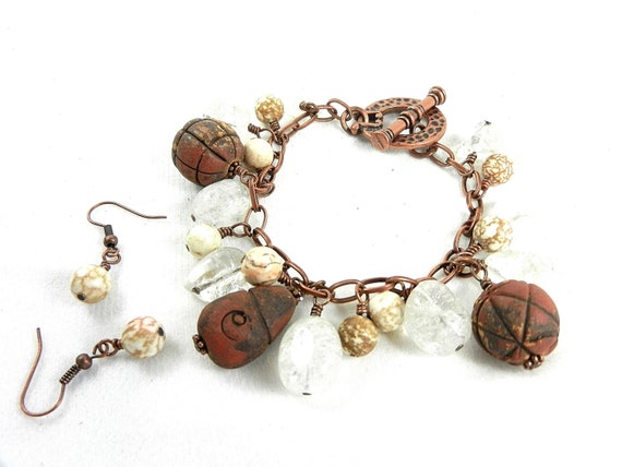 Crystal Bracelet White Turquoise and Clay Beads with Matching Earrings