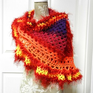 Hand Crocheted Red Orange and Purple Triangle Ruffled Scarf, Crocheted Red and Orange Triangle Scarf, Button Up Scarf, Ruffled Scarf