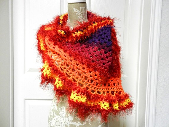 Hand Crocheted Red Orange and Purple Triangle Ruffled Scarf, Crocheted Red and Orange Triangle Scarf, Button Up Scarf, Ruffled Scarf