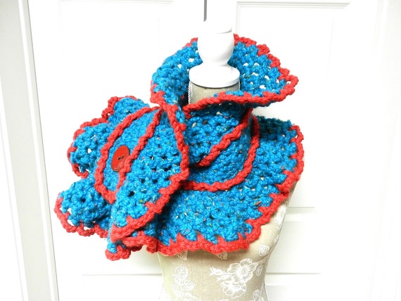 Blue  and Red Hand Crocheted Scarf, Turquoise Blue Crocheted Ruffled Scarf, Short Ruffled Scarf, Turquoise Scarf, Red Scarf, Winter Scarf