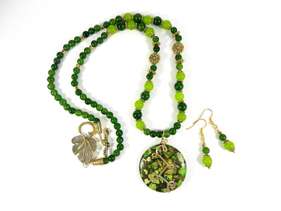 Green Sea Sediment Round Jasper Gemstone Pendant on a Jade and Peridot Necklace with Matching Earrings