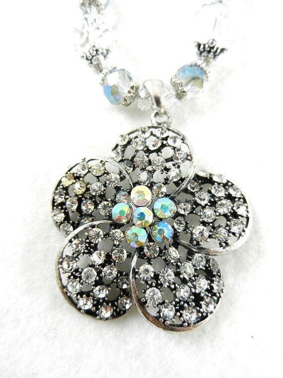 Silver Flower Crystal Pendant Necklace on Silver Chain with Matching Earrings