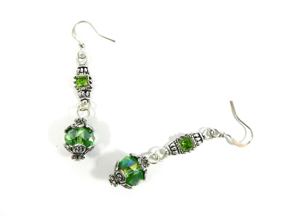 Handmade Green Crystal and Silver Dangle Earrings, Green Crystal Drop Earrings, Green and Silver Earrings