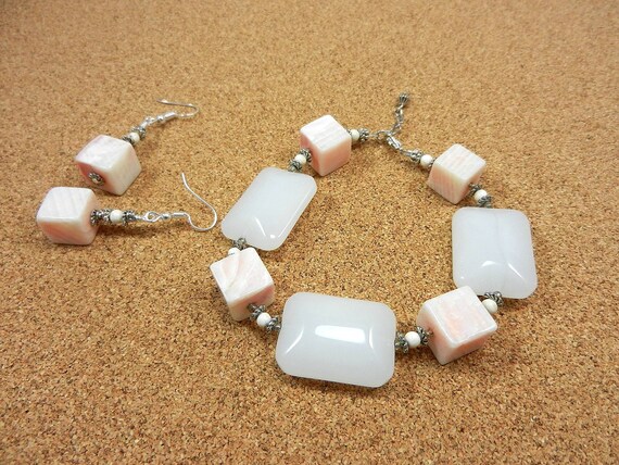 Silver and Rose Quartz and Pink Jasper Handmade Bracelet and Earrings,