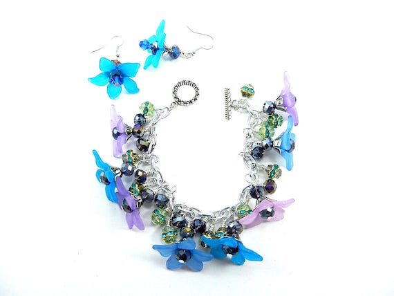 Blue and Purple Flower Cha Cha Bracelet with Crystals and Matching Earrings