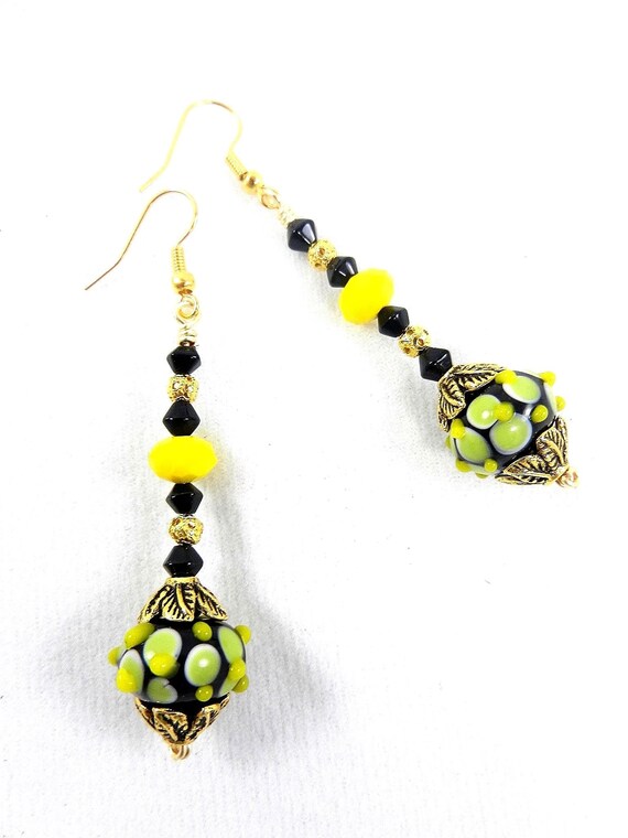 Yellow and Black on Gold Dangle or Drop Earrings with Lamp Work Beads and Crystals and Small Gold Filigree Beads