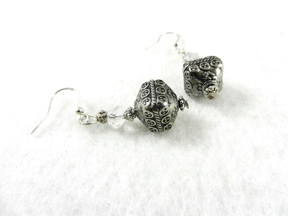 Silver Filigree Puffed Bead and Clear Crystal Earrings with  Silver Ear Wire