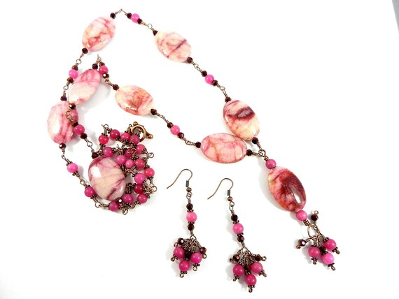Copper Wire Wrapped Pink Crazy Lace Agate Gemstone Necklace with Pink Jade Beads Necklace and Matching Pink Jade Earrings