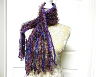 Purple Crocheted Scarf, Purple Fringed Scarf, Purple Boho Scarf, Soft and Fluffy Scarf, Hand Crocheted Purple Scarf, Purple Scarf, Knitted