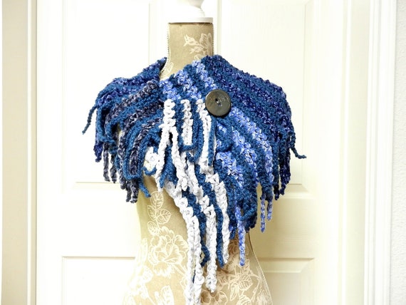 Soft and Fluffy Blue on Blue Asymmetrical Scarf with a Button Closure