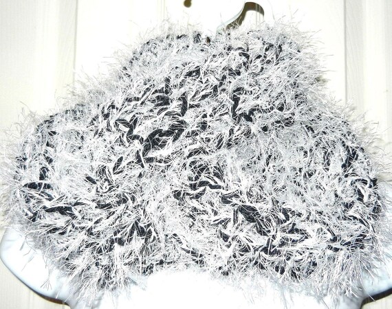Black Yarn and White Luster Eyelash Crocheted Scarf