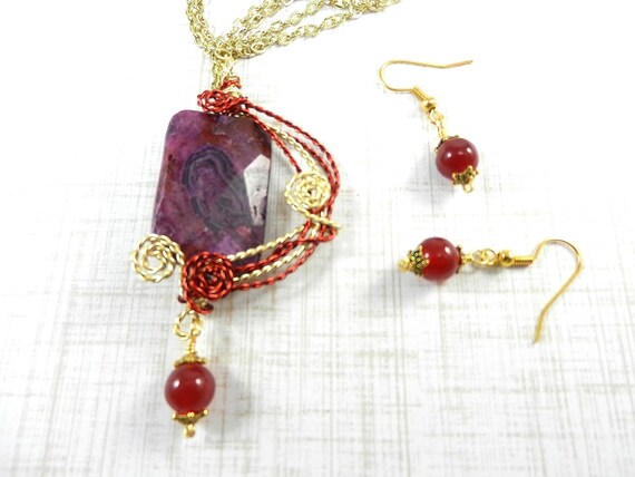 Purple and Black Wire Wrapped Faceted Rectangle Jasper Gemstone Pendant Necklace with Agate Earrings, Wire Wrapped Pendant, Gemstone Earring