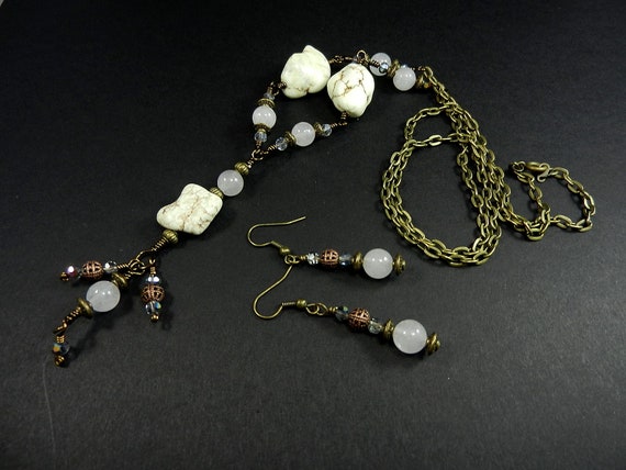 Bronze Wire Wrapped White Turquoise Necklace with White Jade and Matching Earrings