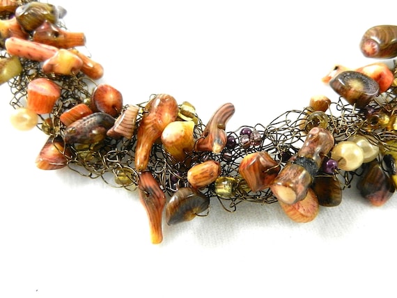 Coral Gemstone and Bronze Wire Crocheted Necklaces with Matching Earrings