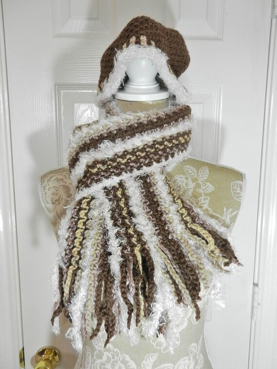 Brown and Cream Hand Crocheted Scarf with Matching Brown Hat with Cream Trim, Handmade Crocheted Scarves, Hand Crocheted Hats