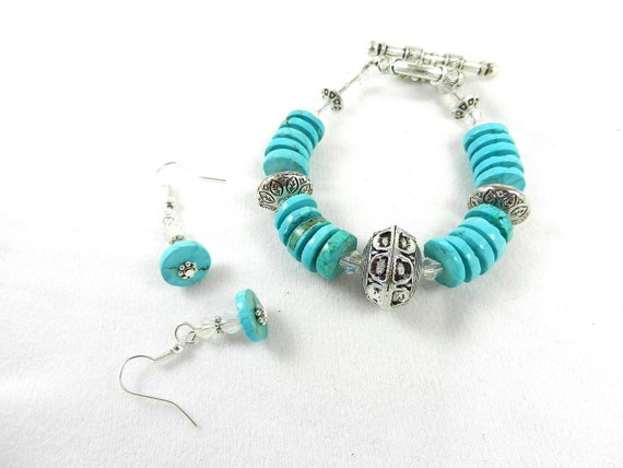Heishi Turquoise Bracelet and Turquoise Earrings, Heishi Turquoise, Turquoise and Silver Bracelet and Earrings, Gemstone Bracelet Earring