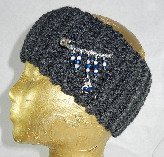 Dark Grey Hand Crocheted Wide Headband with a Blue Crystal Pin, Grey Headband,