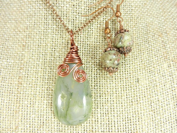 Antique Copper Wire Wrapped Moss Agate Teardrop Pendant with Matching Amazonite Earrings