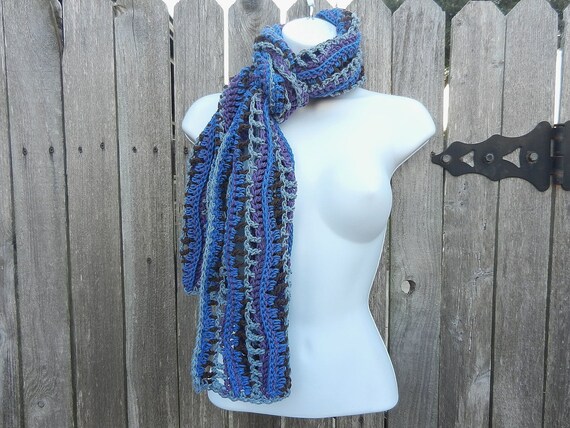 Hand Crocheted Wavy Cotton Scarf in Blue Grey Brown and Purple