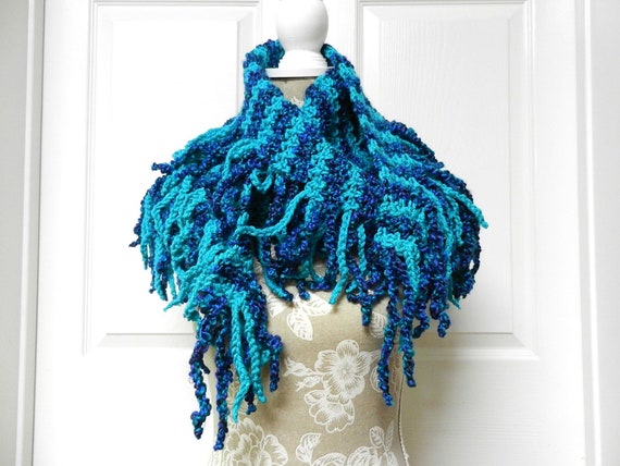Turquoise and Dark Blue Crocheted Scarf with Hand Knotted Fringe