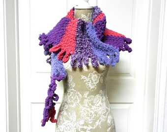 Purple and Pink Boho Style Hand Crocheted Long Scarf with Fringe on one Side, Purple Fringed Scarf