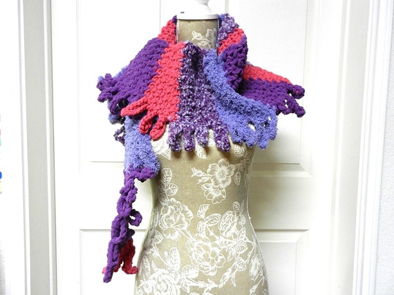 Purple and Pink Boho Style Hand Crocheted Long Scarf with Fringe on one Side, Purple Fringed Scarf