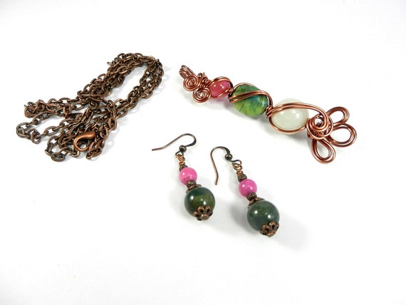 Copper Wire Wrapped Pink and Green Agate and White Jade Pendant with Matching Earrings