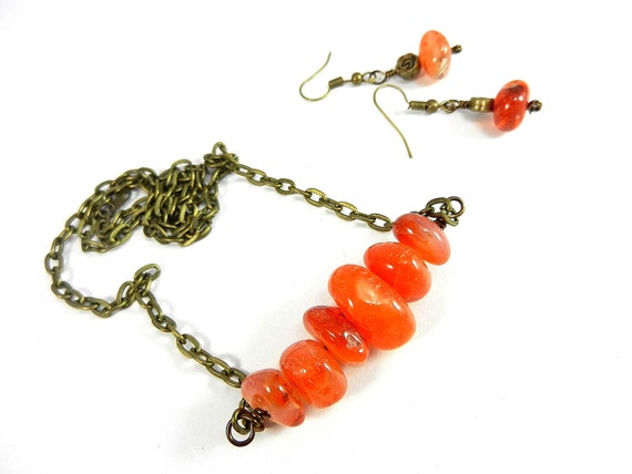 Bronze Wire Wrapped Peach and Orange Agate Nugget Bar Necklace  with Matching  Earrings