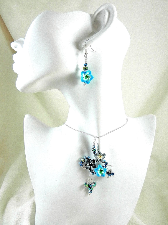 Silver Wire Wrapped Blue Flower Necklace with Matching Earrings