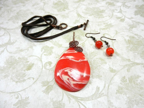 Orange and White Copper Wire Wrapped Agate Teardrop Pendant with Suede Necklace, Wire Wrapped, Leather Necklace, Orange Necklace, Orange