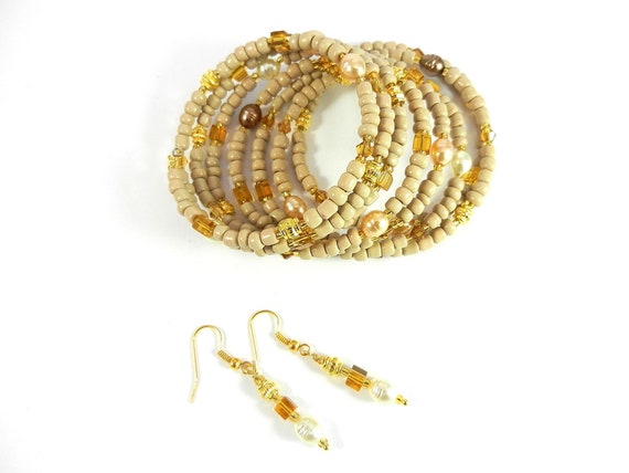 Tan and Glass Faux Fresh Water Pearl Memory Wire Bracelet with Gold Crystals and Matching Earrings