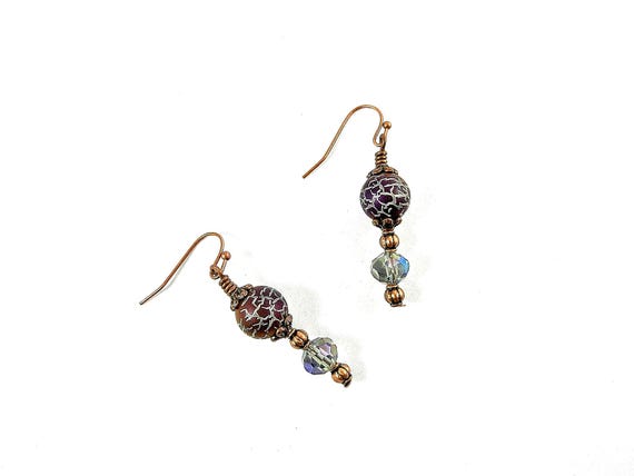 Brown Red and Purple Cracked Glass Beads Earrings with Purple Crystals