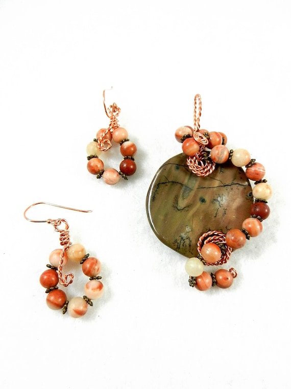 Copper Wire Wrapped Jasper Pendant with Jasper Beads and Matching Jasper Earrings