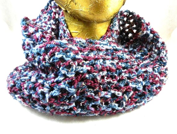 Hand Crocheted Circular Burgundy and Grey Scarf, Burgundy and Grey Infinity Scarf, Hand Crocheted Scarf, Grey and Burgundy Scarf