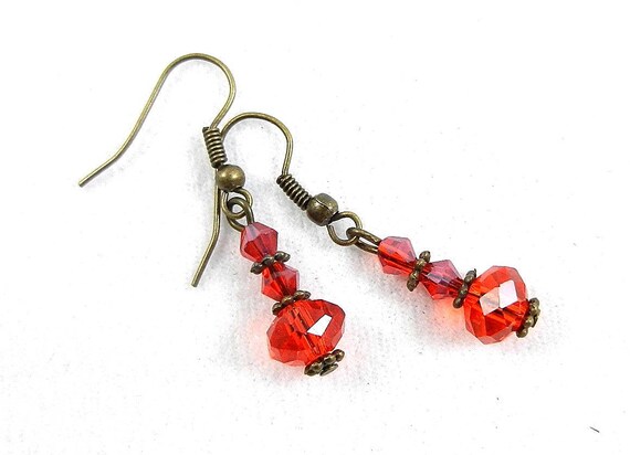 Red Crystal and Bronze Earrings, Red Earrings, Crystal Earring, Bronze Earring,  Crystal Earrings