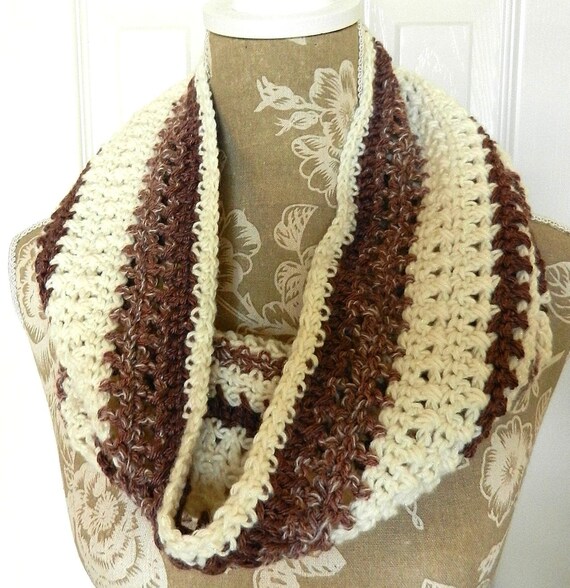 Sparkling Cream and Brown Yarn Hand Crocheted Cowl Neck Scarf, Hand Crocheted Cowl, Brown and Cream Crocheted Cowl